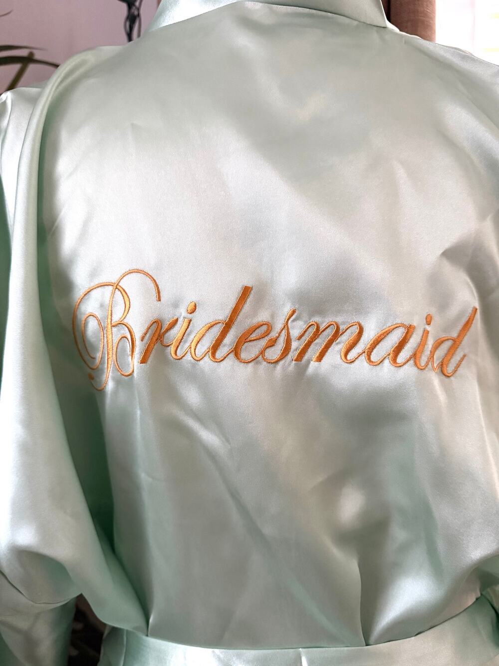 Bridesmaid Satin Robe with Sash and Embroidery in Mint Green